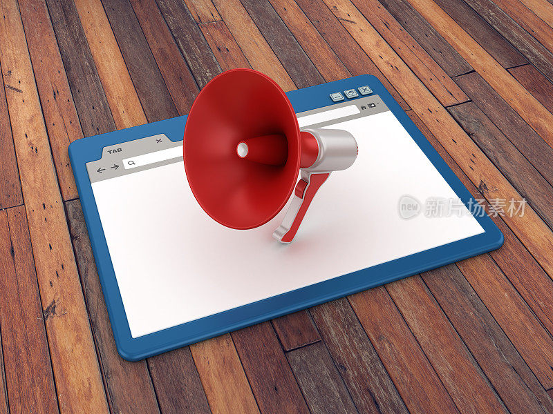 网页浏览器与扬声器木地板背景- 3D渲染